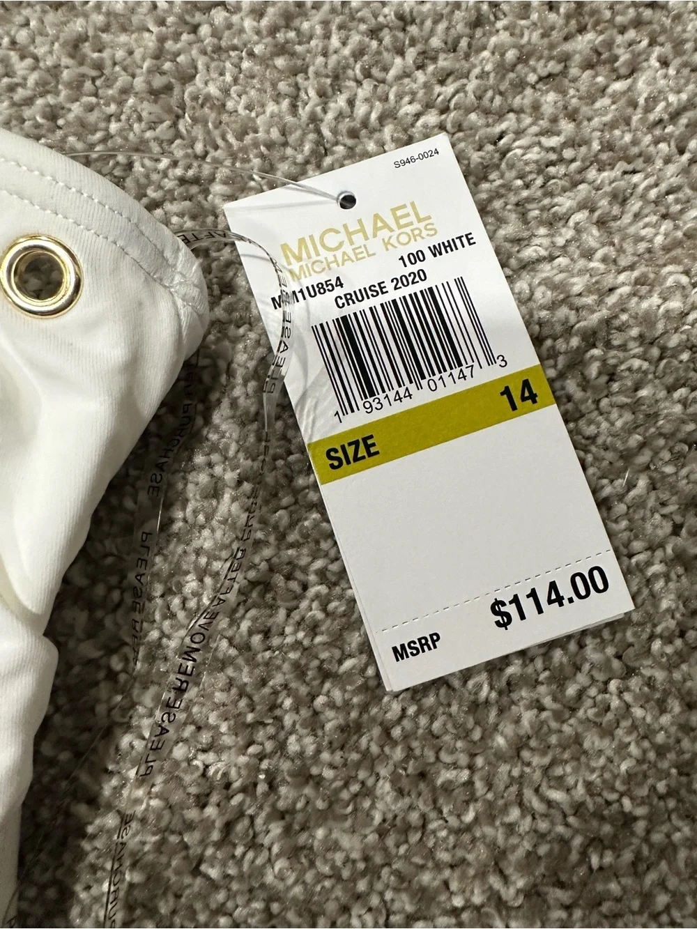 NWT Michael Kors White One Shoulder Swimsuit Size 14 Gold Grommets Cruise 2020